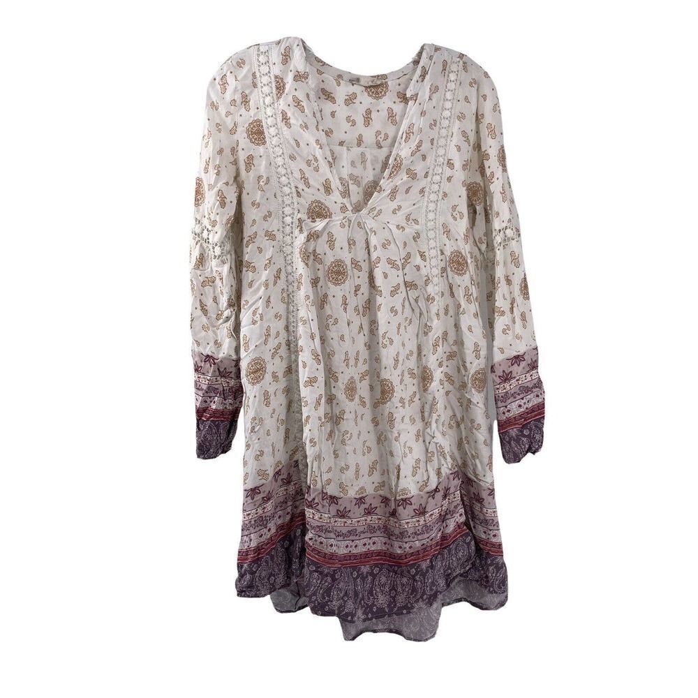 Altard State Dress V Neck Swing Trapeze Long Sleeve White Bohemian Size Medium